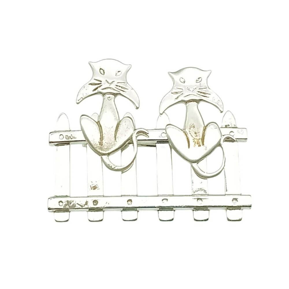 Two Cats On Fence Sterling Silver Brooch Pin Vintage Beau Jewelry 1950s